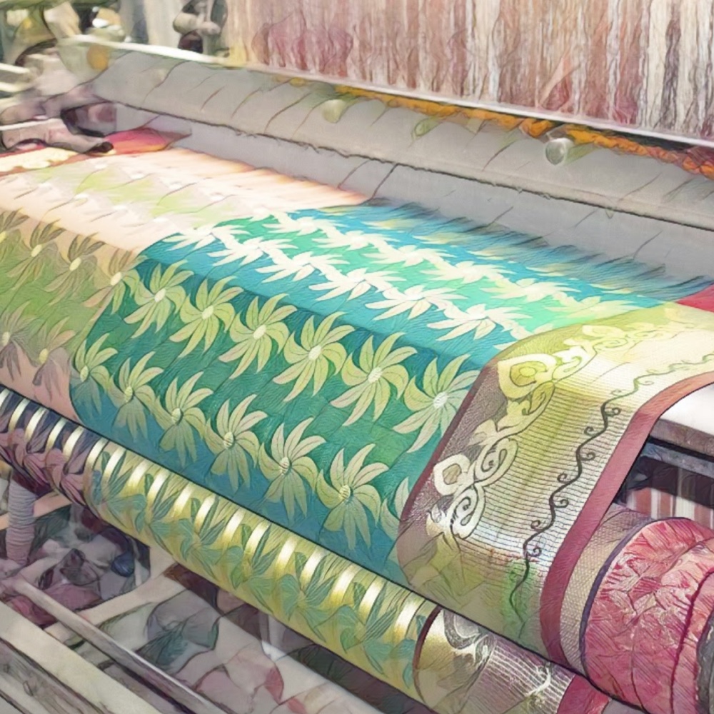 A loom with silk fabric being woven.